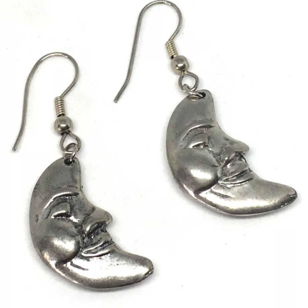 Moon Face Celestial Earrings Dangle Silver Tone Drop